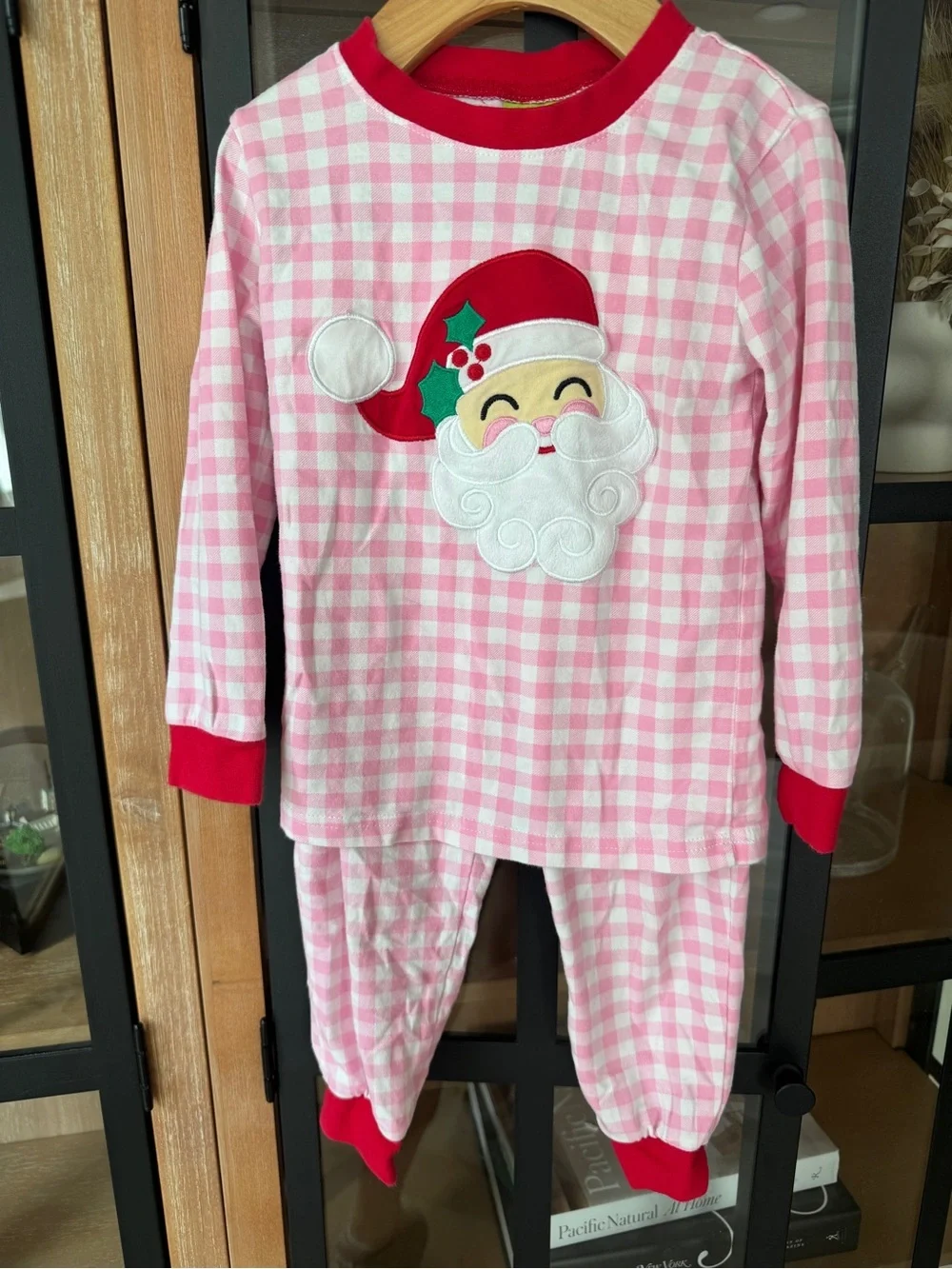 Classic Whimsy santa applique gingham pajamas set longsleeve tee pants christmas